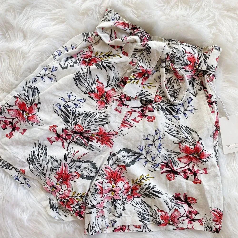 Floral Paperbag Tie Waist Pull On Shorts